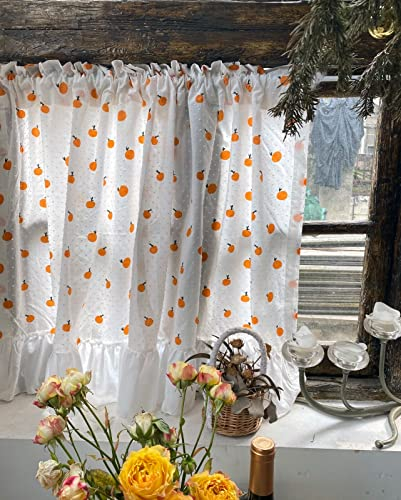 A.Monamour Gardine Scheibengardinen Kurzstores Halbtransparenter Weißer Pom-Pom Baumwolle Textur Orange Muster Mit Rüschen Kurzgardinen Küchengardine Küche Vorhang Fenster Kurz Stores Bistrogardine