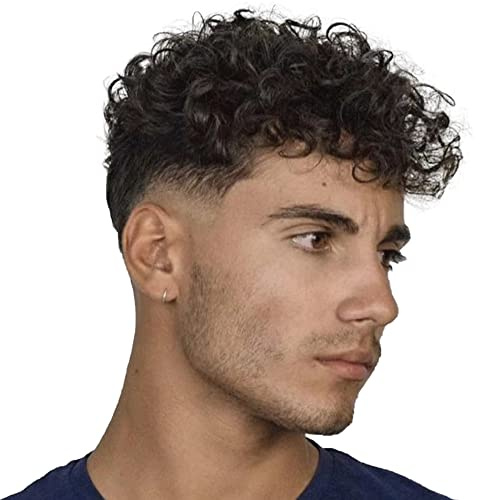 Lishy Curly Men Toupee Human Hair Replacement Systems for Men Hairpiece 20MM Curl All V-looped Full Skin PU Wigs 10x8inch Natural Black Color