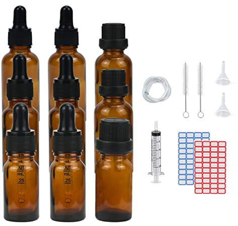 Episkey 9 Stück Pipettenflasche,Tropfflasche Braunglasflasche mit Pipettenkappe&Tropfereinsatz Verschluss Inkl.Hilfszubehör für Ätherische Öle Parfüm Lösungen DIY-Probenmischungen (10, 20, 30ml)