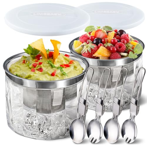 LIMOEASY Chilled Dip Bowl (2 Pack), 25oz Ice Serving Bowl with Lid for Parties, Cold Serving Dish for Hummus, Salsa, Guacamole, Sauces, Pasta