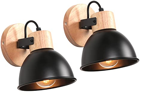 iDEGU 2 Stücke Wandleuchten Innen Vintage Wandlampe aus Holz und Eisen Industrie Design Lampe Retro Wandstrahler Verstellbare Deckenleuchte Wandspot Wohnzimmer Schlafzimmer Küche (Schwarz)