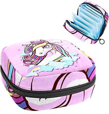 Period Pouch Tragbare Tampon-Aufbewahrungstasche, Tampon-Halter für Geldbörse, feminines Produkt-Organizer, Einhorn-Regenbogen-Pink, Mehrfarbig, 4.7x6.6x6.6 in/12x17x17 cm