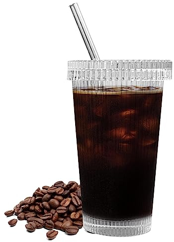 Taza de té de burbujas con tapa y pajitas | 375 ml de cristal rayas de cristal | vasos acanalados para smoothie | vasos de café helado vasos de agua para té, limonada, cerveza, cócteles