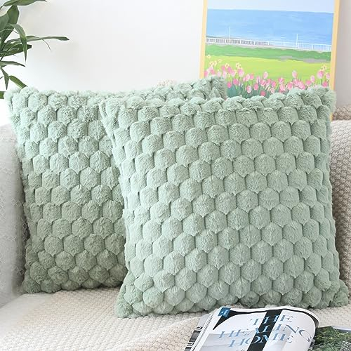 NIULAA Flauschig Kissenbezug 45x45 Salbei Grün 2er Set Plüsch Deko Kissenbezüge Weich Gestreift Kissenhülle Luxus Pelz Dekokissen Sofakissen Zierkissen Kuschelig Kissen Bezüge Wohnzimmer Sofa