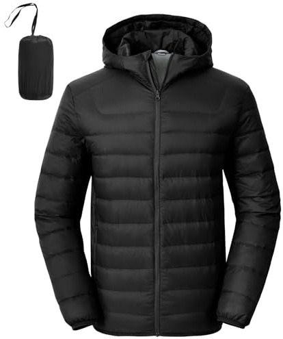 Rdruko Men's Down Puffer Jacket with Hood Packable Lightweight Puffy Winter Coat Hooded, Black, L