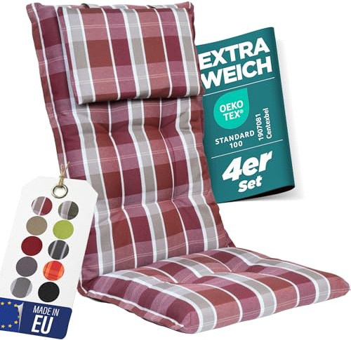 gardisun Gartenstuhlauflagen Hochlehner mit Kopfteil, 4er Set, Rot kariert | Extra Dicke Sitzauflagen, Made in EU, Polsterauflagen für Hochlehner, Auflagen mit extra hoher Lichtechtheit