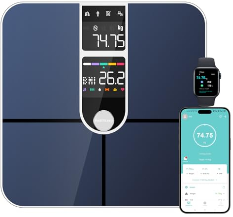 Healthkeep Personenwaage, angeschlossen, Bluetooth, mit 2 VA-Bildschirmen und ITO-Beschichtungstechnologie, 16 Körperdaten mit Herzfrequenz, App, für Android und iOS 180 kg/400 lb, silberfarben