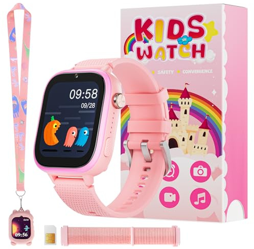 OKYUK 4G Kids Smart Watch, 15 Exciting Games, Two-Way Calling Feature, SOS Emergency Call Button Ideal for Kids Aged 3-12, for Boys & Girls (Pink)