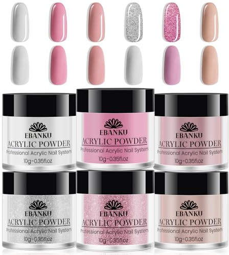 EBANKU Pink Acrylic Powder Set, 6 Colors Crystal Professional White Red Glitter Acrylic Nail Powder for Nail Acrylic Extension, Nail Carving, Long-Lasting, No Nail Lamp Needed