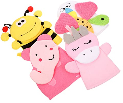 4 Stück-pack Cartoon Waschlappen Handschuhe für Kinder, Einzigartige Form | Verbundbaumwolle, 2-in-1 Nutzung, Neck und Palm, Bad und Dusche, Leicht Zufälliger Stil