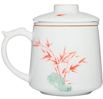 wpenshiDM125 Tasse à café Tasse en céramique blanche, tasse peinte à la main, grande capacité, tasse à thé de 375ML, avec couvercle et filtre Ensemble de soucoupes