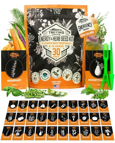 Tactiko Survival 30 Calorie-Dense Veggies & Popular Herbs - Ultimate Energy Seed Kit - USA-Grown Non-GMO Heirloom Seeds - Mylar-Bag for Long-Term Storage, Emergency Food Supply Gardening