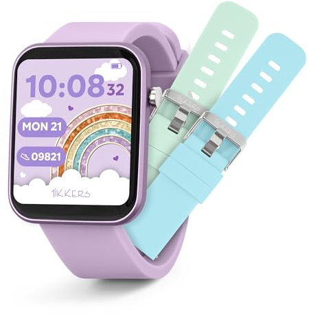 Tikkers Smart Series 13 Smart Watch and Lilac Silicone Strap Set with Fitness Tracker, Alarm Clock, Camera, GPS Connection, Heart Rate Monitor, Step Counter, Touch Screen, IP68