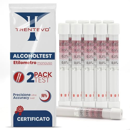 TRENTEVO 10x Alcol Test USA e Getta Certificato Portatile e Affidabile - Etilometro Monouso Tascabile - Test Alcolemico Fai da Te