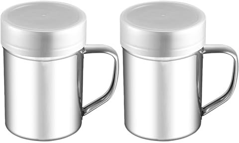 HSLPSM 2 Stück Puderzuckerstreuer, Puderzuckerstreue mit Griff, Kakaostreuer für Cappuccino, Mehlstreuer mit deckel, Edelstahl Kakao Streuer Cappuccino, Kaffee, Salz, Zucker, Kakao, Schokolade