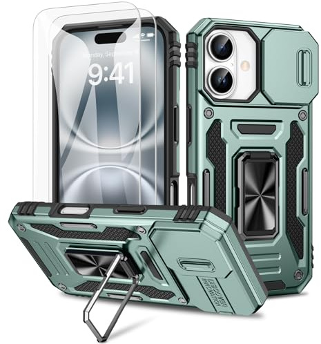 Doeshine für iPhone 16 Hülle mit Kameraschutz,Grün | Handyhülle mit 2 Stück Displayschutzfolie, 360° Rotate Metal Ring Ständer, Robust Militär Schutzhülle