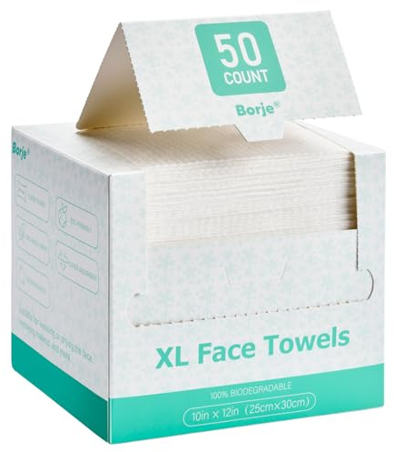 Borje Toallas Faciales 12 x 10, 50 Unidades, Desechables Biodegradables, Toallitas Faciales Sin Pelusa para Piel Sensible
