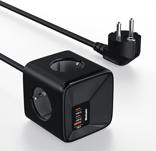 Hichain GaN 33W Rallonge Multiprise USB C et 4 Sortie AC et 3 Ports USB, Prise Multiple 4000W 16A, Parafoudre Surtension, 4 Prises, 2 Type-C, Rallonge Electrique 2M pour Maison, Bureau, Noir