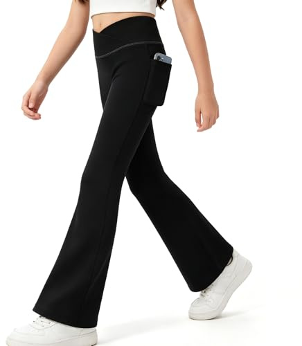 KAKU NANU Girls Flared Leggings Black High Waisted Kids Sports Leggings with Pockets Dance Yoga Pants 13 14 Years