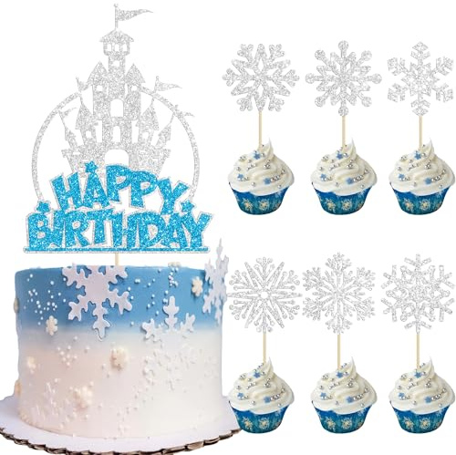 Gyufise Cupcake-Topper mit Schneeflocken-Motiv, Motiv: Frozen, Happy Birthday, Kuchendekoration, Eiskönigin, Party-Dekorationen für Winter, Prinzessinnen-Thema, Babyparty, Geburtstag, Partyzubehör