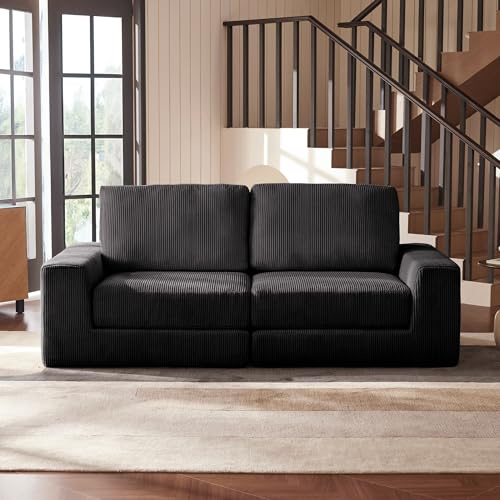 Modulares 204cm Boneless Sofa, Moderne Bequemes Cord Schlafsofa Mit Tiefer Sitzfläche, Flauschige Ecksofa Bodensofa Für Wohnzimmer, Schlafzimmer, Wohnung, Kein Zusammenbau Erforderlich (Schwarz)