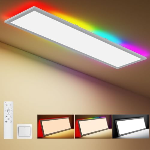 Amdelne LED Panel Deckenleuchte 100x25cm, 3000-6500K + RGB Deckenleuchte Dimmbar, 30W+4W Deckenlampe Lang Flach mit Fernbedienung Nachtlicht Memory-Funktion für Wohnzimmer Schlafzimmer Büro küche