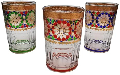 Générique Verres à Thé Marocain Traditionnel, Multicolore avec Motif Oriental et Bande Dorée, Verre Transparent, 150ml, Lot de 12 Pièces