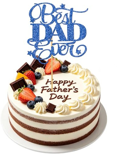 Blue Glitter Best Dad Ever Cake Topper – Father’s Day Cake Decorations, Father's Day Cake Topper, Happy Birthday Dad Dessert Toppers for Happy Father’s Day & Dad Birthday Party Supplies