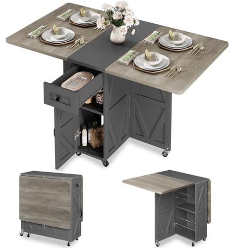 Jocoevol Mesa De Comedor Plegable con Ruedas, Mesa De Cocina con 1 Cajón Y 2 Áreas De Almacenamiento, Adecuada para 2-4 Personnas, para Espacios Pequeños, Comedor Y Cocina (Roble Gris)