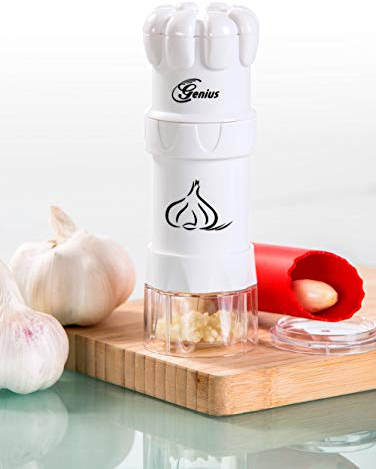 Genius Knoblauchpresse G5 3-tlg, Knoblauchschneider Garlic Press mit Auffangbehälter und Deckel, Knoblauch Crusher, Küchenschneider Spülmaschinenfest einfach zu reinigen, Weiß