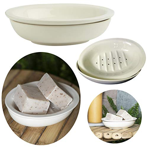LS-LebenStil Vintage Keramik Seifenschale 2-teilig Creme Weiß 15cm Altum Seifenhalter gelocht Seifenablage mit Ablauf Auffangschale Seifenteller Seifenigel in Küche, Bad/Badezimmer