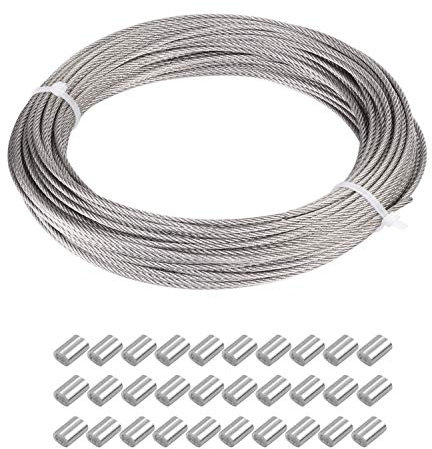 JZK 2mm x 30 m 98ft Plastic coated thin stainless steel wire rope cable with 30x crimping sleeves, mirror picture frame hanging cord garden wire