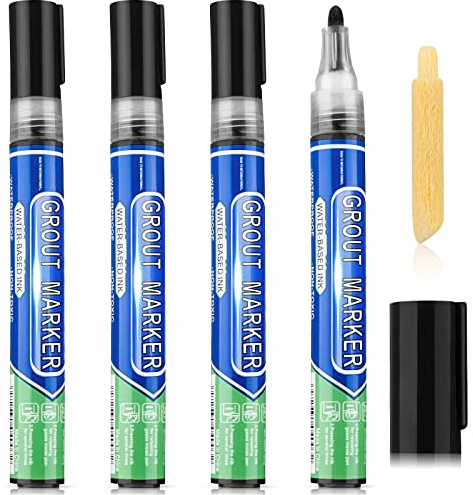 Zonon Grout Tile Pen Marker for Lines Repair Refresh, 4, Black | Includes Sponge Brush and Spare Tip, For Bathroom Kitchen Floor Wall Tiles, Covers Stains on Shower Patio Grout Seams