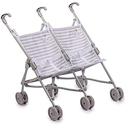 JC Toys - Twin stroller, folding umbrella mode, for dolls up to 45 cm, ideal for playing and walking, white and grey stripes, elephant decoration, designed by Berenguer, +2 years