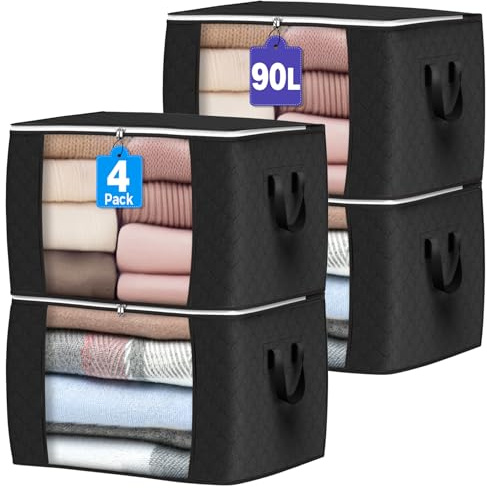 Budding Joy 90L Aufbewahrungstasche, Faltbare Unterbett 4 Stück, Schwarz | Aufbewahrungsbox mit Deckel Große, Kleider Aufbewahrung Umzugskartons, Kleiderschrank für Kleidung Bettdecken und Bettwäsche