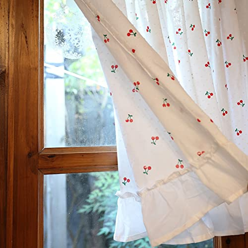 A.Monamour Gardine Scheibengardinen Halbtransparenter Weißer Baumwolle Pom-Pom Textur Kirsch Muster Kurzvorhang Kurzgardinen Küchengardine Küchenvorhang Küche Vorhang Fenster Kurz Stores Bistrogardine