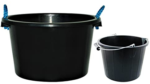 Set of Black Plastic Builders Bucket 3 Gallon 14 Litre Water Mixing Storage with Measuring Guide, Handle and Spout With 45L Rope Black Heavy Duty Multipurpose Plasterer Mixing Cement Muck Water Tub