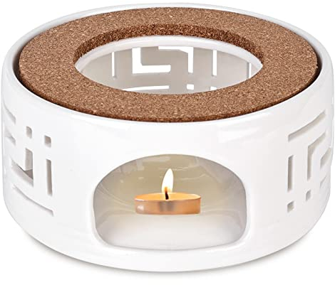 Scalda Teiera, Fornellino per Teiera in Ceramica con Supporto in Sughero Base per Teiera Bianca Cava Design Intagliato Fornelli da Tè per Conservazione del Calore di Tè e Caffè