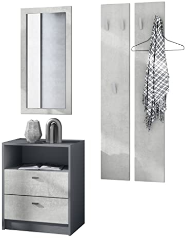 Vladon Garderobe Pino V1, Made in Germany, Garderobenset bestehend aus 1 Kommode, 1 Wandspiegel und 2 Garderobenpaneele, Anthrazit matt/Beton Oxid Optik (ca. 130 x 185 x 36 cm)