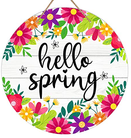 SICOHOME Türschild Hello Spring, 29,2 cm, bunte Blumen, Frühlingsdekoration, Schild, Willkommens-Frühlings-Aufhänger, Schild, Bauernhaus, Frühlingstürdekorationen, zum Aufhängen für Zuhause,