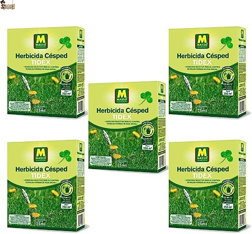BricoLoco.com Herbicida selectivo césped Tidex hoja ancha. Pack 5x25ml. Hasta 1.250 m2. Fluroxipir. Control malas hierbas anuales y perennes (trébol, diente de león, correhuela, etc.). Sistémico (5)