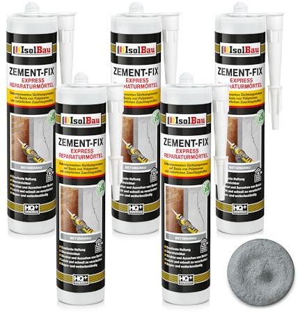 Isolbau Zement-Fix 5 x 300 ml Betongrau Express Reperaturmörtel - Dichtungsmasse für Fugen & Risse im Innen- & Außenbereich, Kartusche