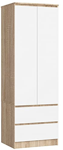 AKORD Kleiderschrank Star S | Zweitürig S 60 cm | 2 Schubladen mit Regalen und Einer Kleiderstange | für Kleiderschränke Schlafzimmer | Laminatplatte 16 mm Farbe Sonoma/Weiß