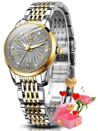 OLEVS Women Automatic Watch Diamond Mechanical Self Winding Fashion Elegant Dress Wrist Watch Grey Luminous Waterproof Stainless Steel Date