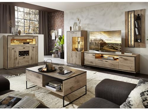 Lomadox Wohnmöbel Set Wohnwand braun 5-teilig Modern, 1 Couchtisch, 1 Vitrine, 1 Highboard, 1 Lowboard, 1 Wandboard