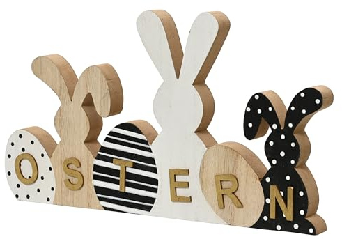 Decoris Deko Aufsteller Holz 17x29cm Osterhasen und Ostereier - Osterdeko mit Schriftzug Ostern - Holzaufsteller als Osterschmuck Frühingsdeko Tischdeko zum Stellen - Natur Braun Schwarz Weiß