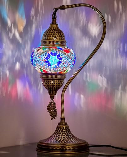 DEMMEX Auténtica lámpara de mosaico marroquí turco, hecha a mano en Turquía, lámpara de mesa/mesita de noche con globo de vidrio de mosaico y cuerpo de metal martillado, bombilla incluida, 15 pulgadas