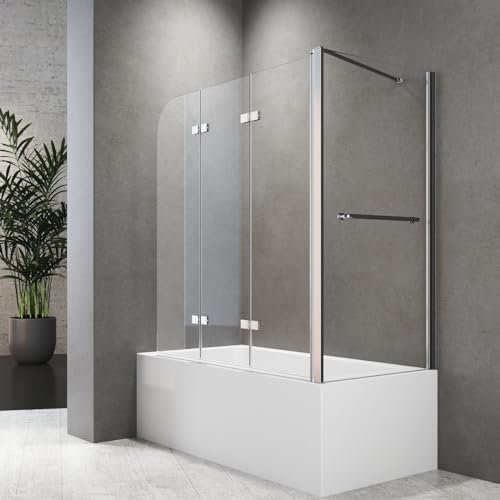 Duschwand für Badewanne 120x140 cm 3-teilig Faltbar mit Seitenwand 80 cm Duschtrennwand 6mm ESG Glas Nano Beschichtung Badewannenfaltwand
