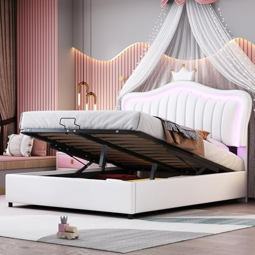 Letto per Bambini e Matrimoniale 140x200, Letto a Corona Principessa Ragazze con Testiera LED e Rete a Doghe, PU Senza Materasso, Bianco