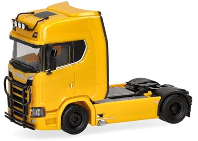 Herpa LKW Modell Scania CS 20 HD Zugmaschine mit Lampenbügel und Rammschutz 2achs, ginstergelb, Miniatur im Maßstab 1:87, Sammlerstück, Made in Germany, Kunststoff